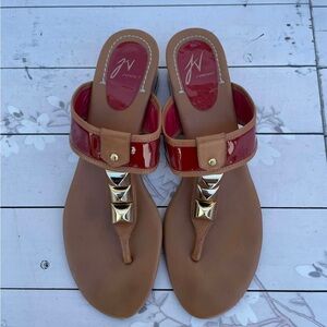 Red Patent and Tan Thong Sandals